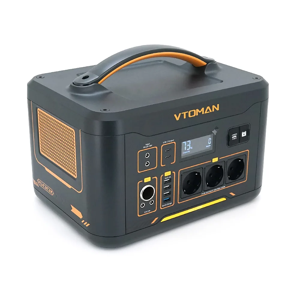 Портативна зарядна станція VTOMAN 1500X, 1500 (макс. 3000) Вт, LiFePO4 828 Вт·год (макс. 2376 Вт·год), 230 В, вихід 3x230 В / 1500 Вт, 2x12 В / 10 A-10 A, 2xPDTB, прикурювач 12 В / 10 A, 36x27x28 см; 20 кг